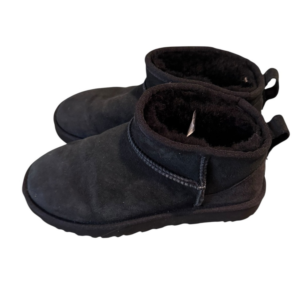 UGG® Women's Size 7 Classic Ultra Mini Black Suede Booties Sheepskin Lining
